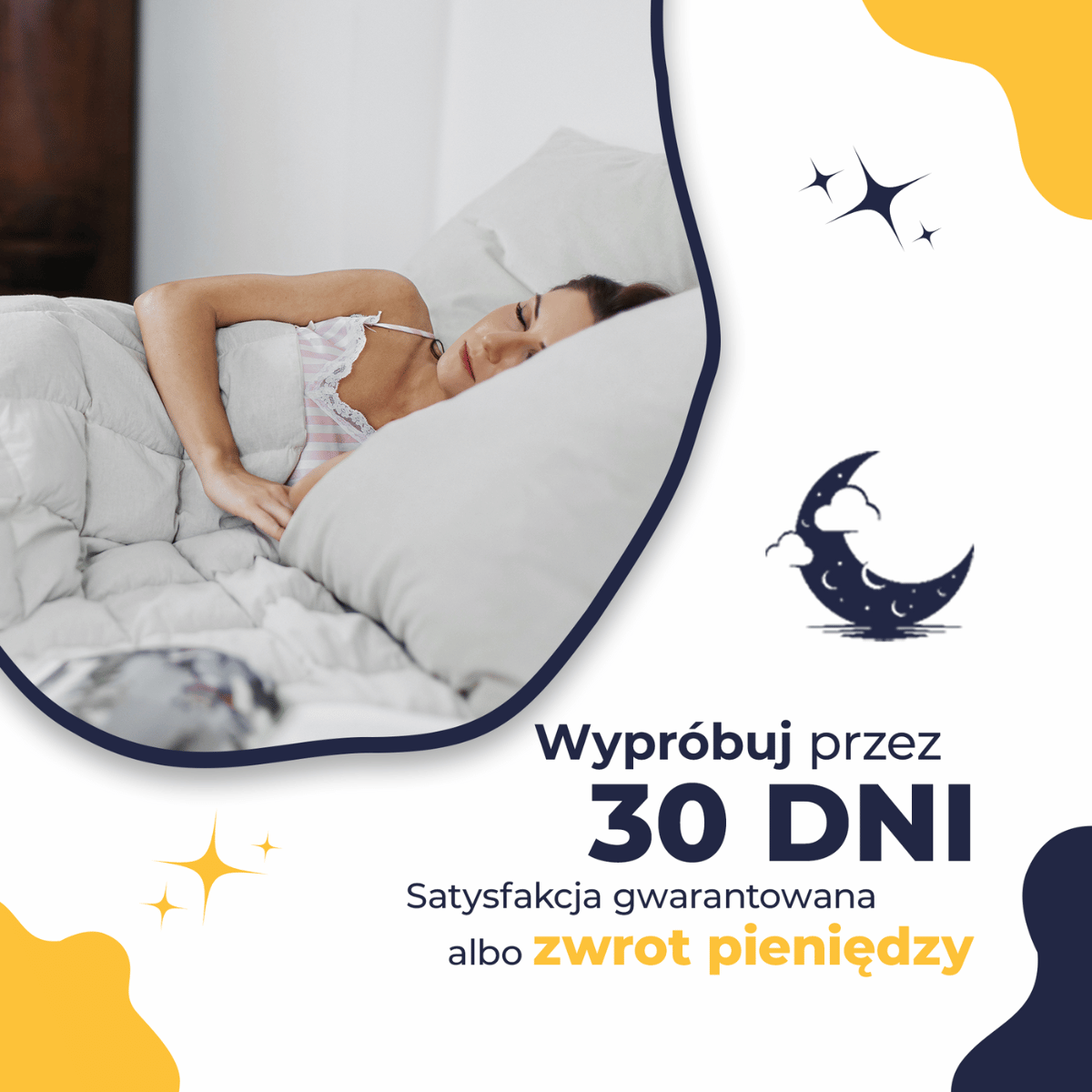 Infografika HuggyMoon – testuj kołdrę obciążeniową przez 30 dni z gwarancją satysfakcji.