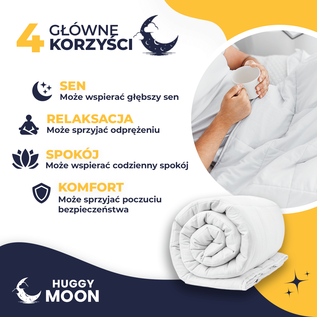 Biała kołdra obciążeniowa Standard HuggyMoon – grafika przedstawiająca wsparcie snu, relaksu, spokoju i komfortu.