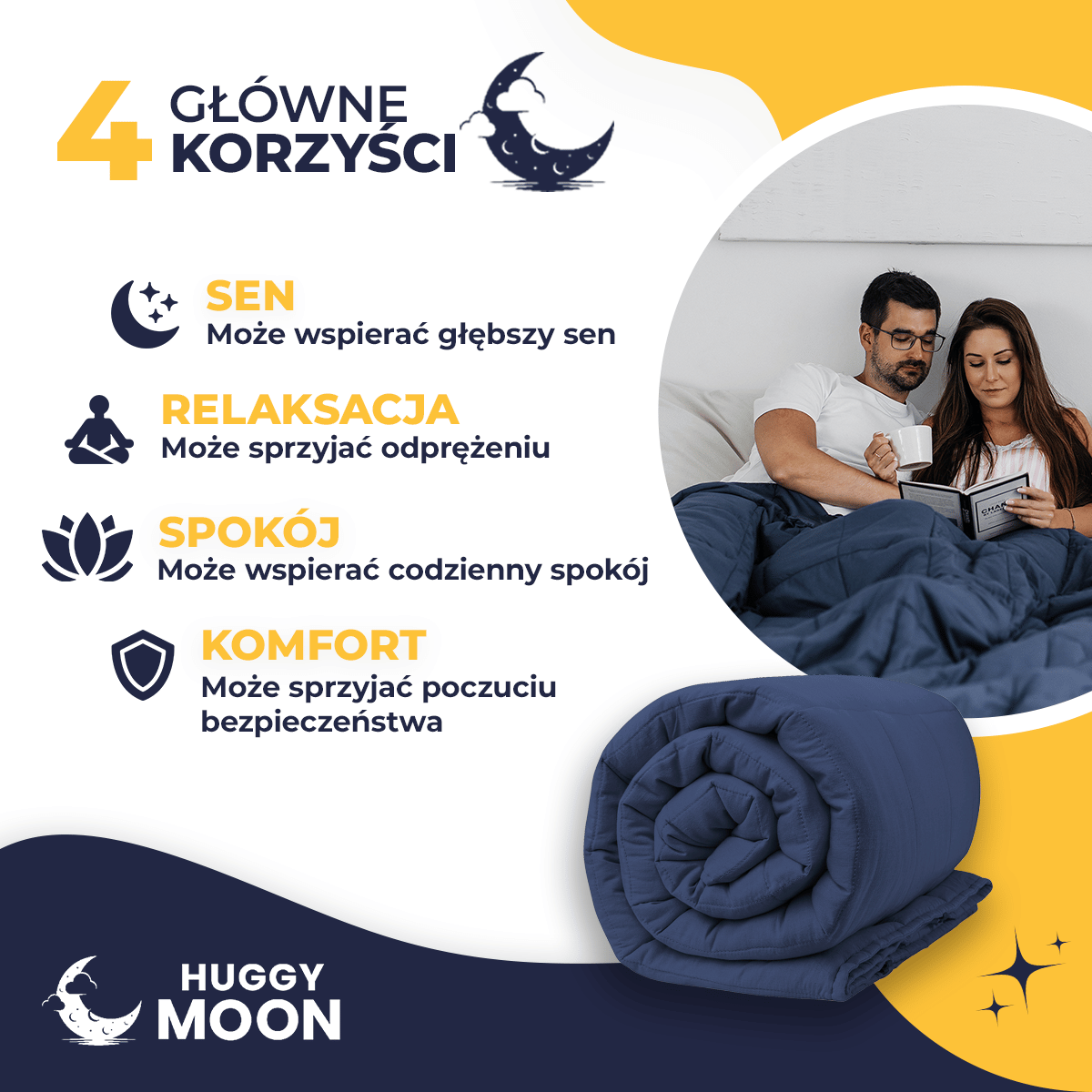 Granatowa kołdra obciążeniowa Standard HuggyMoon – grafika przedstawiająca wsparcie snu, relaksu, spokoju i komfortu.