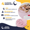 Różowa kołdra obciążeniowa Standard HuggyMoon – grafika przedstawiająca wsparcie snu, relaksu, spokoju i komfortu.