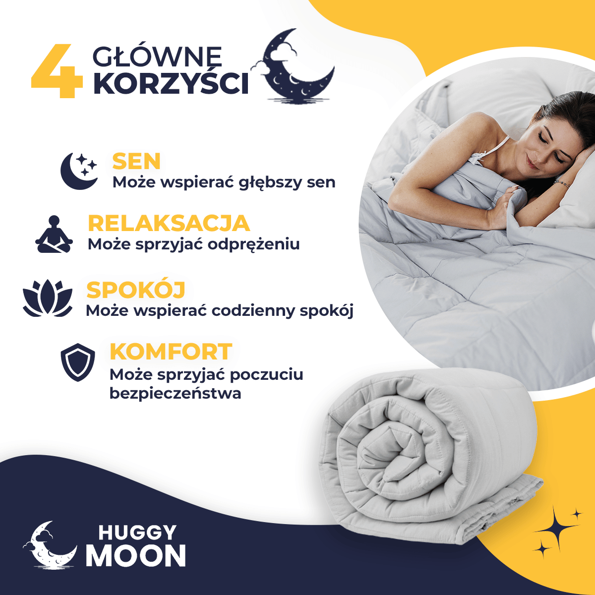 Szara kołdra obciążeniowa Standard HuggyMoon – grafika przedstawiająca wsparcie snu, relaksu, spokoju i komfortu.