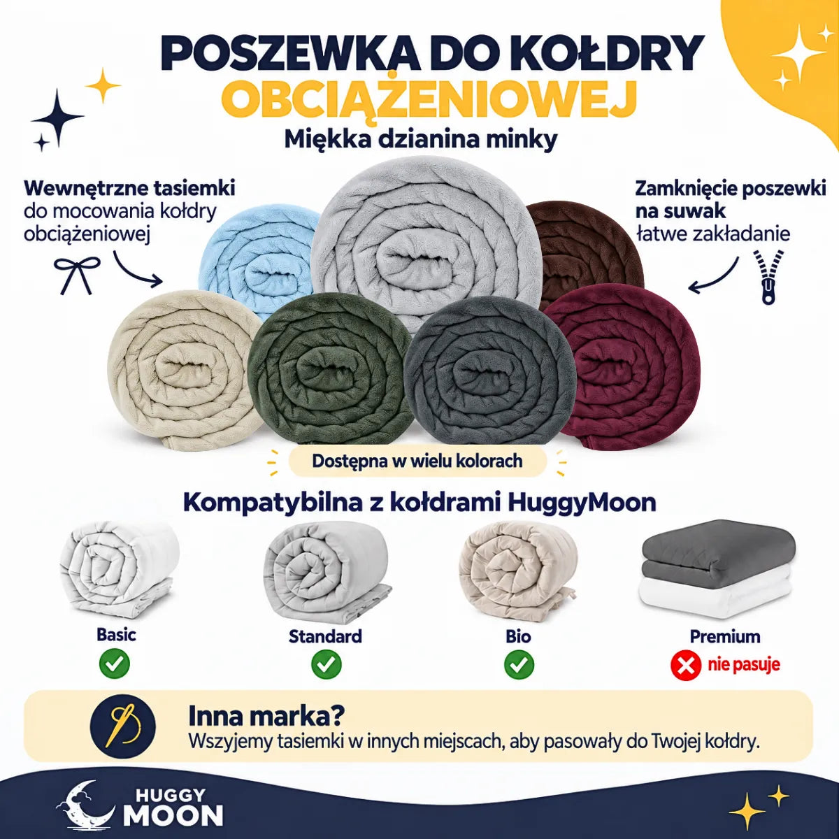 Poszewki minky w różnych kolorach do kołder obciążeniowych - z suwakiem i wewnętrznymi tasiemkami do mocowania.